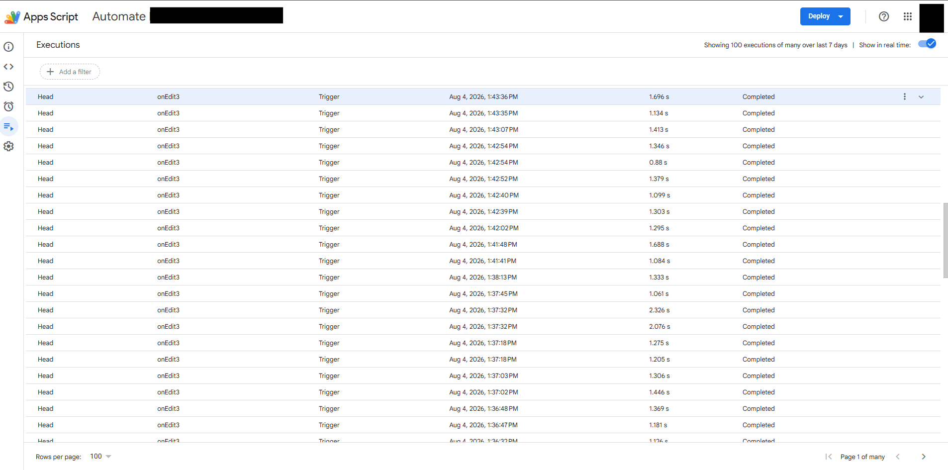 Sanitized screenshot of the Google Apps Script automation code editor