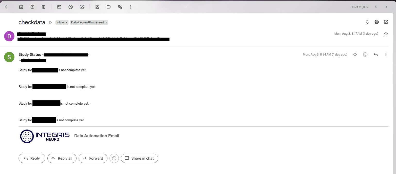 Sanitized screenshot showing the automated Gmail status-reply workflow