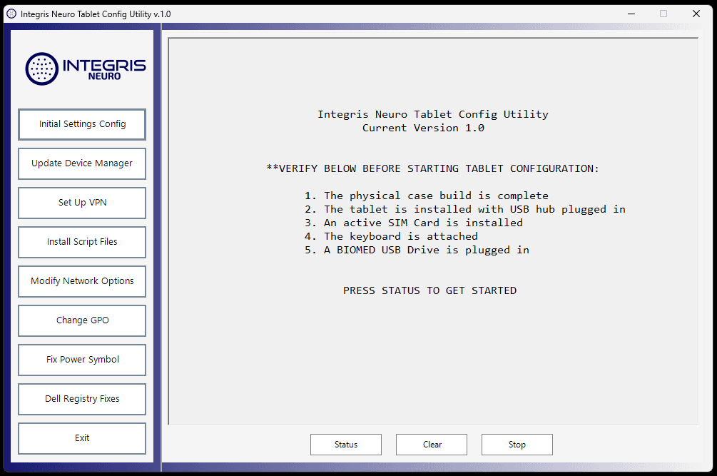 Sanitized screenshot of the Field Tablet Configuration Utility showing its guided configuration workflow and persistent status log